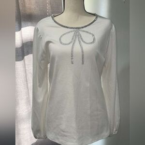 Adrienne Vittadini White Long Sleeve Top with Silver Accents